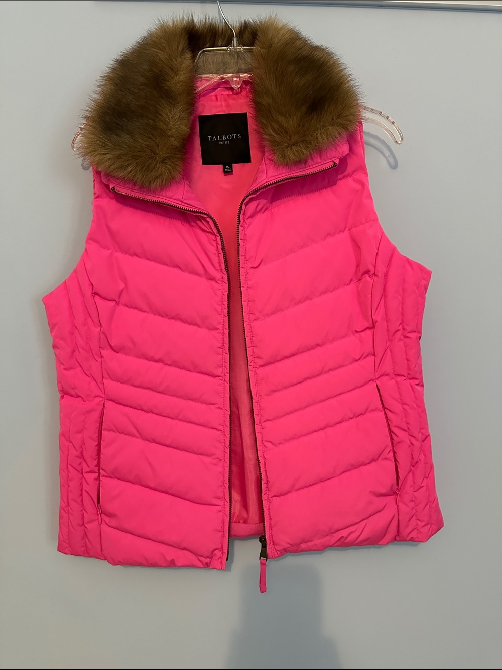 Talbots Pink Quilted Puffer Vest with Faux Fur Trim